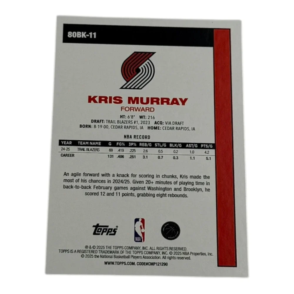 2025 Topps‎ Kris Murray Portland Trail Blazers 80BK-11 45th Anniversary Card